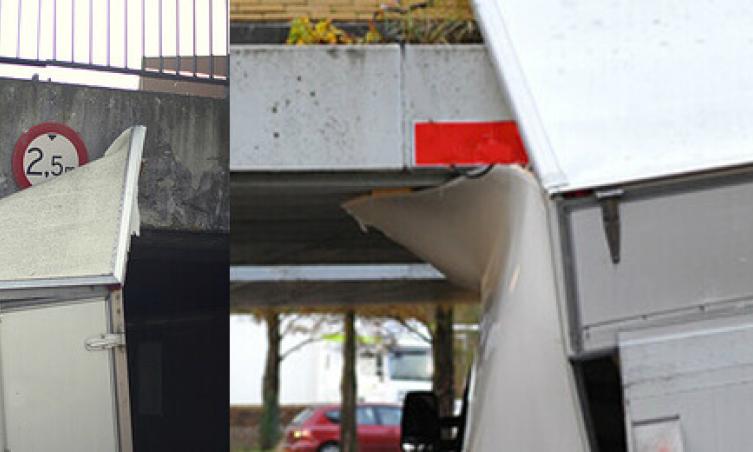 Bovenhoofdse schade op vrachtwagen